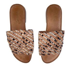 Rialto Slide Sandals Woven Leather Beige & Black Casual Slip On Shoes